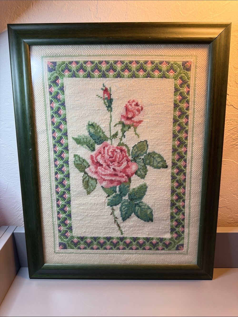 Framed Pink Rose Needlepoint Wall Art